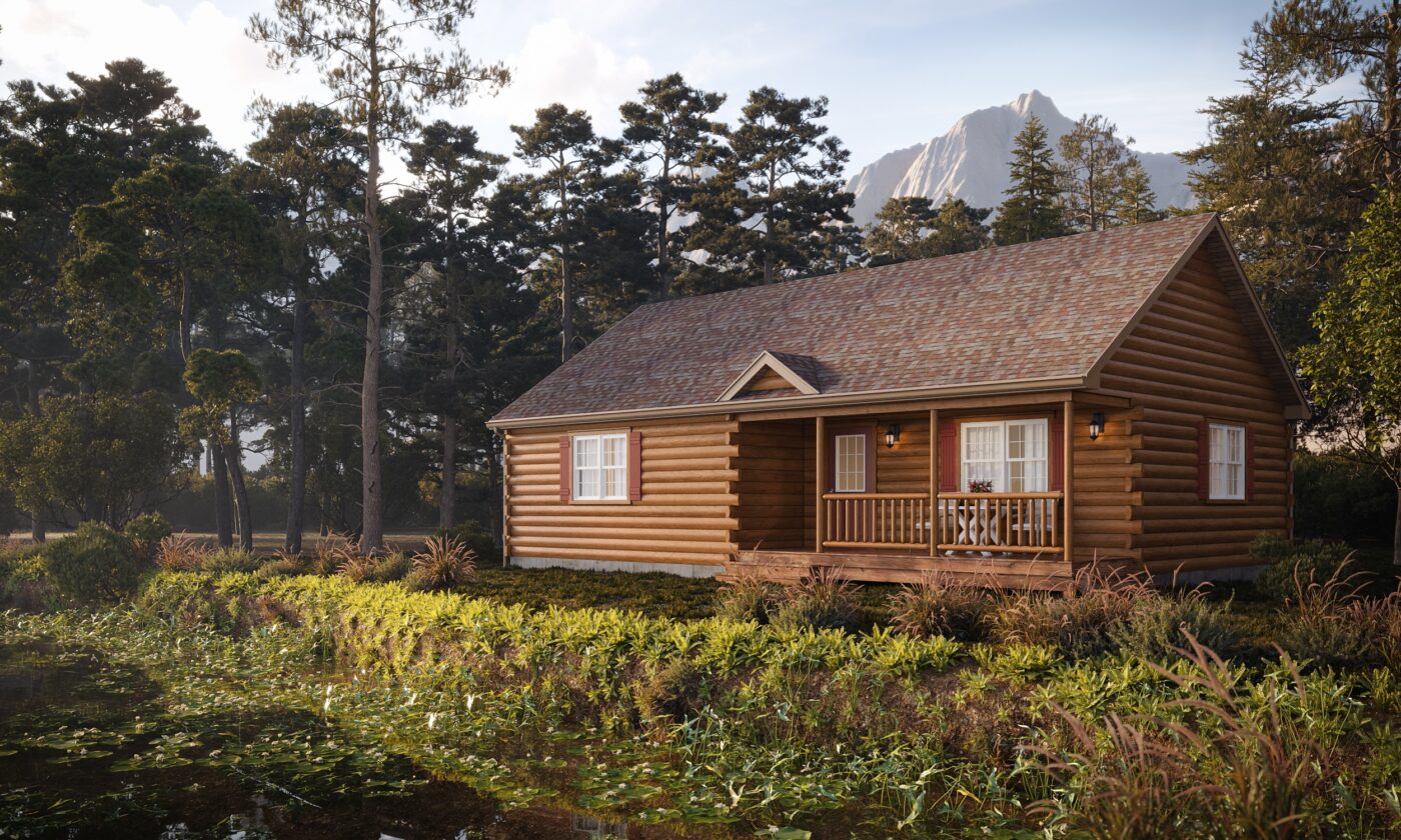 Frontier log cabin with front porch near a pond and forest in New York.