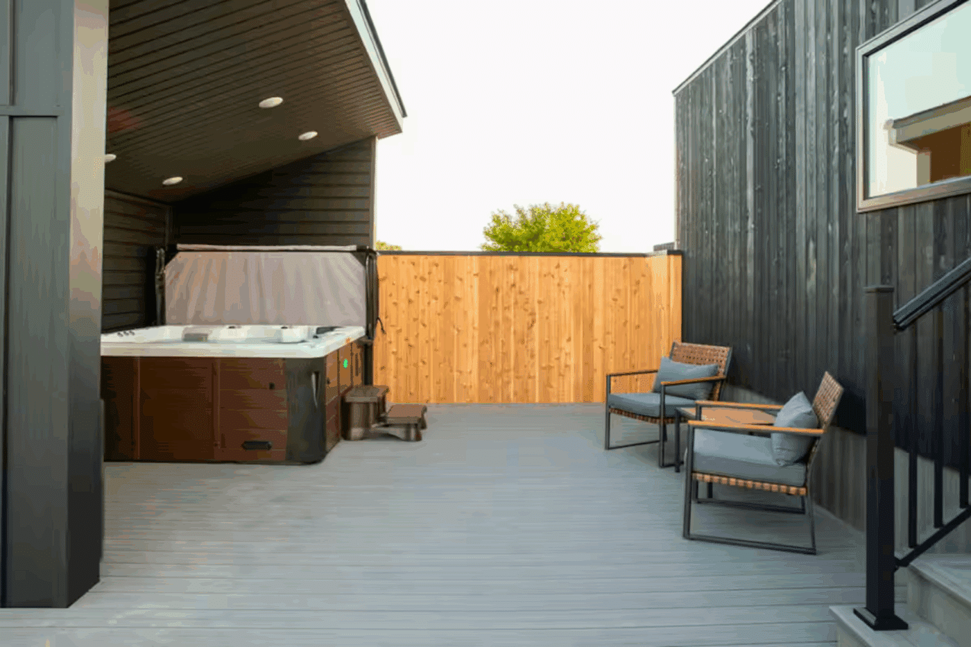 hot tub and outdoor sitting area of memphis MO a frame studio park model tiny home