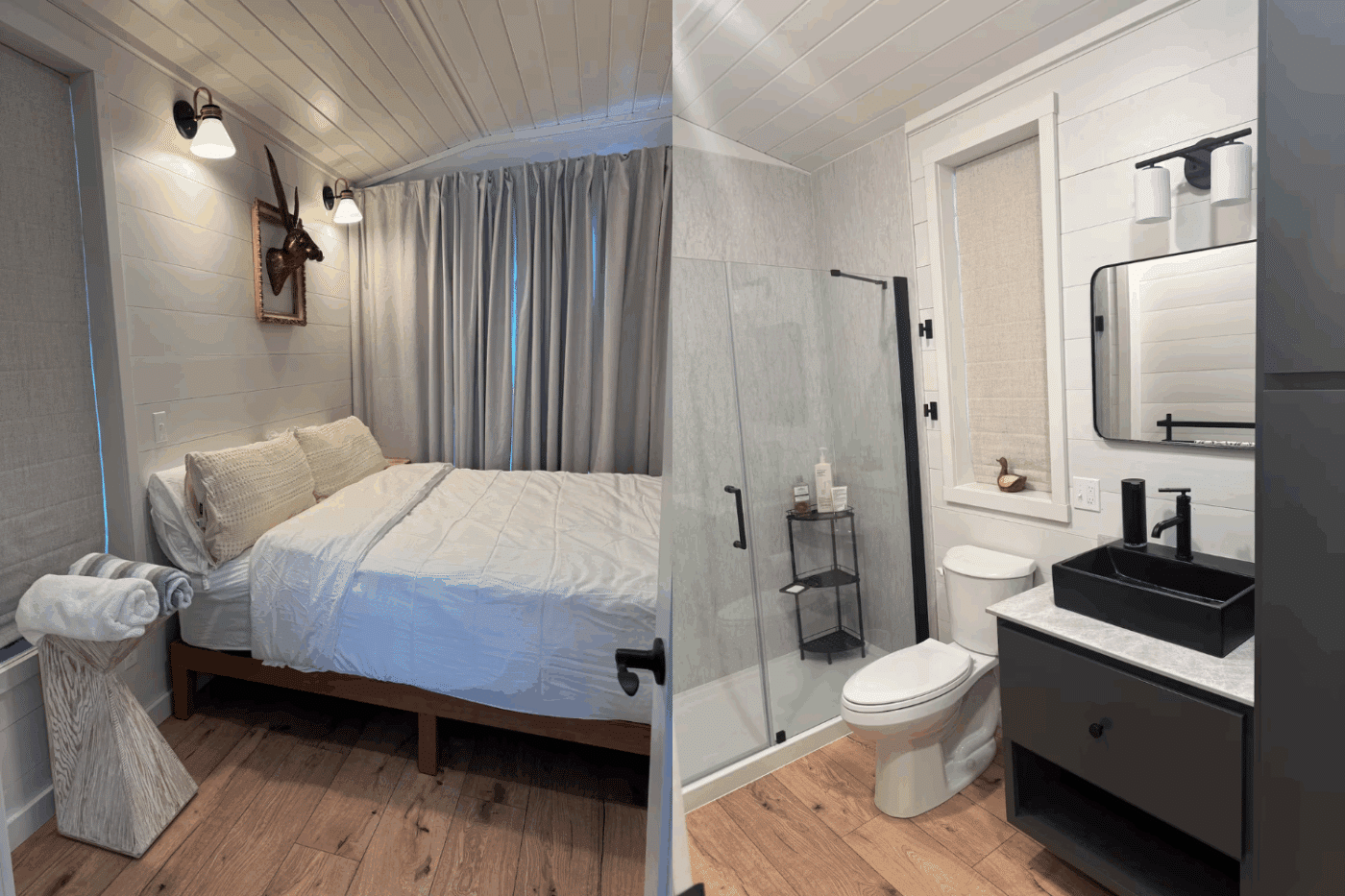 Bedroom and bathroom in 1 bedroom A frame ADU located in Fleischmanns New York built and designed by Psy Homes