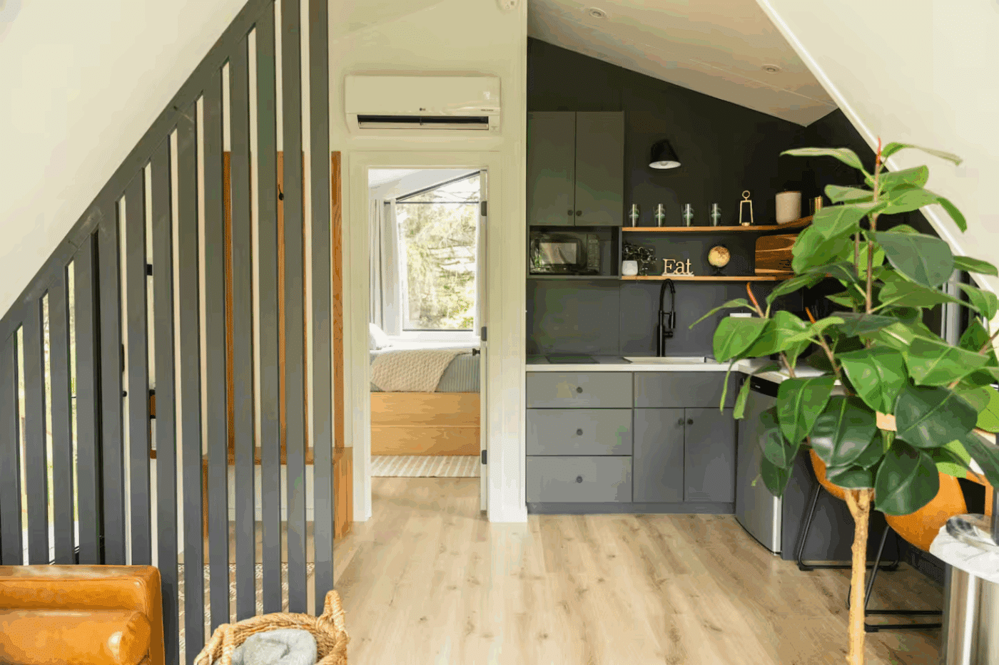 Common area in A frame park model tiny home built and designed by zook cabins in gaines pa