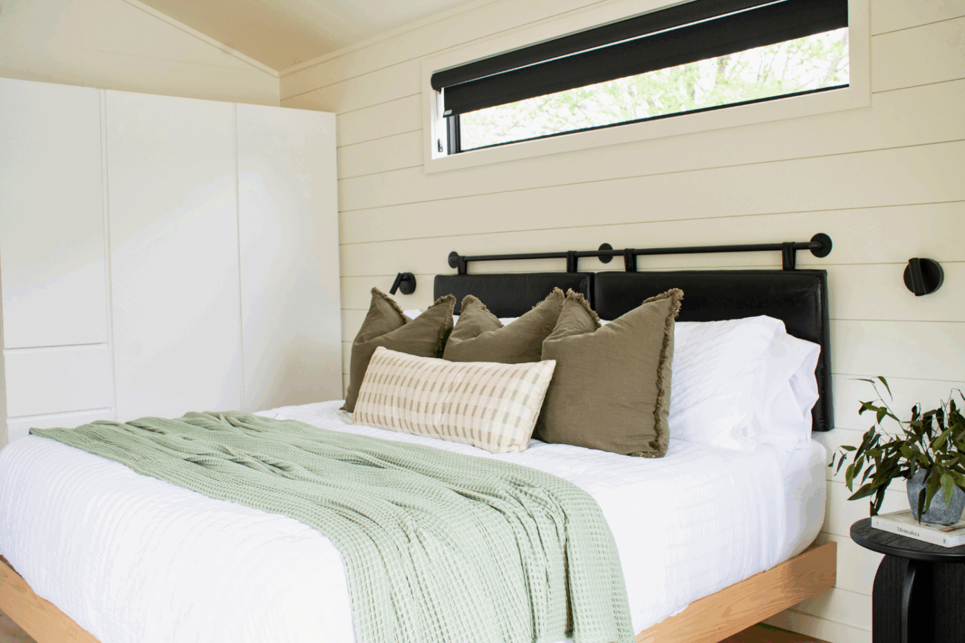 A frame studio park model tiny home Bedroom of site 138 At Red Run Resort in New Holland Pa built and designed by Psy Homes