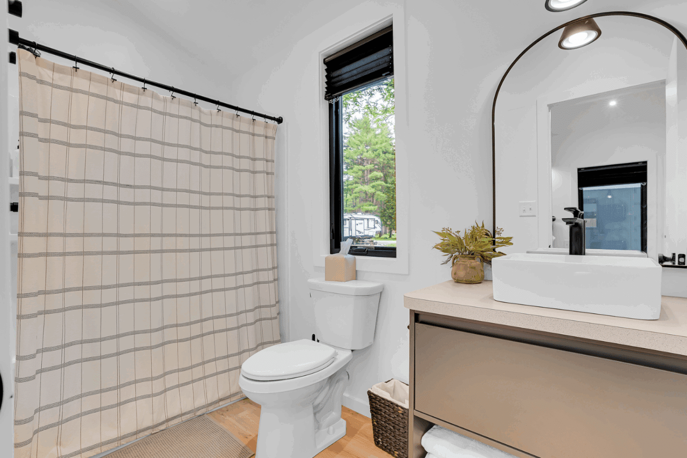 A frame park model tiny home bathroom Greene Hills Resort and Campground in Alexandria Pa Site 16