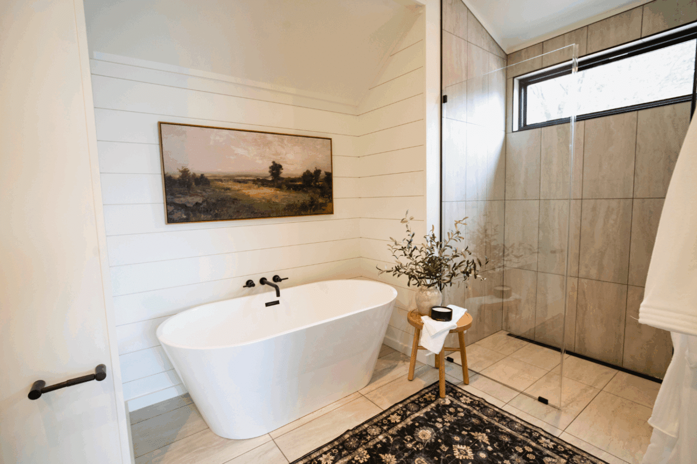 A frame studio park model tiny home large soaking tub and walk in shower built and designed at Red Run Resort in New holland pa site 137