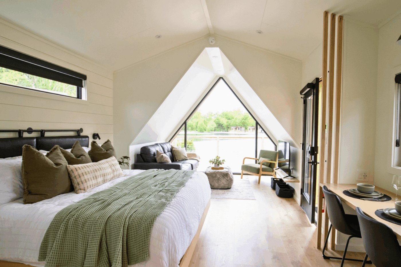 Common area of A Frame Studio park model tiny home in New Holland Pa located at site 138 of Red Run Resort