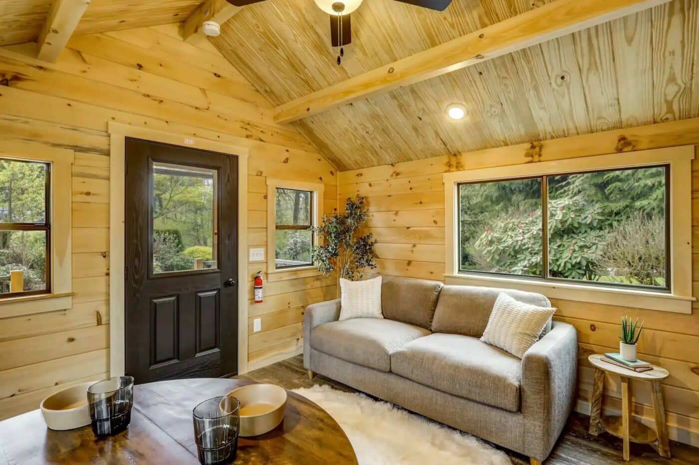 Interior of Studio park model tiny home with wood walls, sofa, and modern finishes.