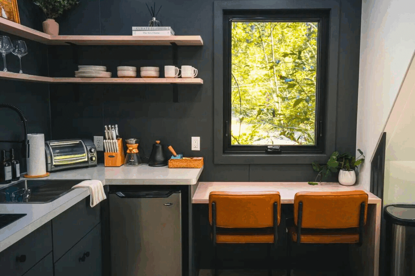 Skykomish Washington Psy Homes A frame park model tiny home with kitchen area and dining area