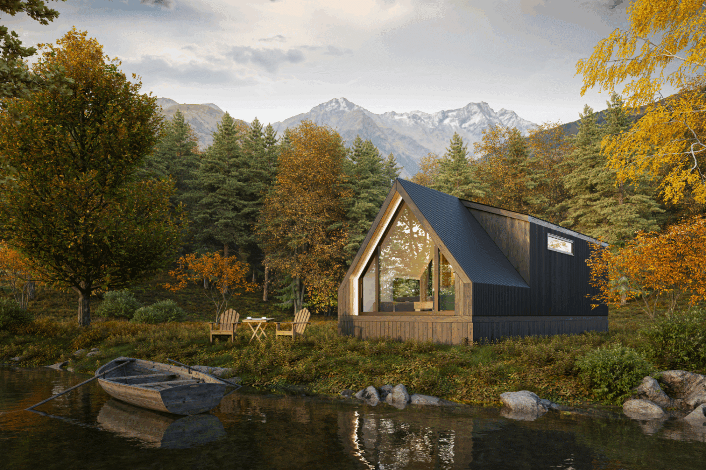 A Frame Bunk House with illuminated peak