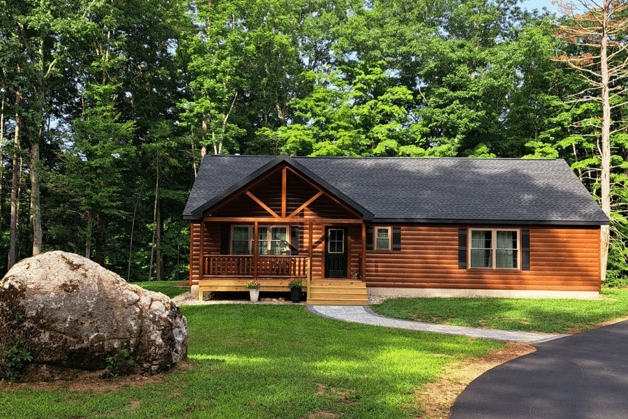 Pioneer log cabin with wood siding and shingle roof