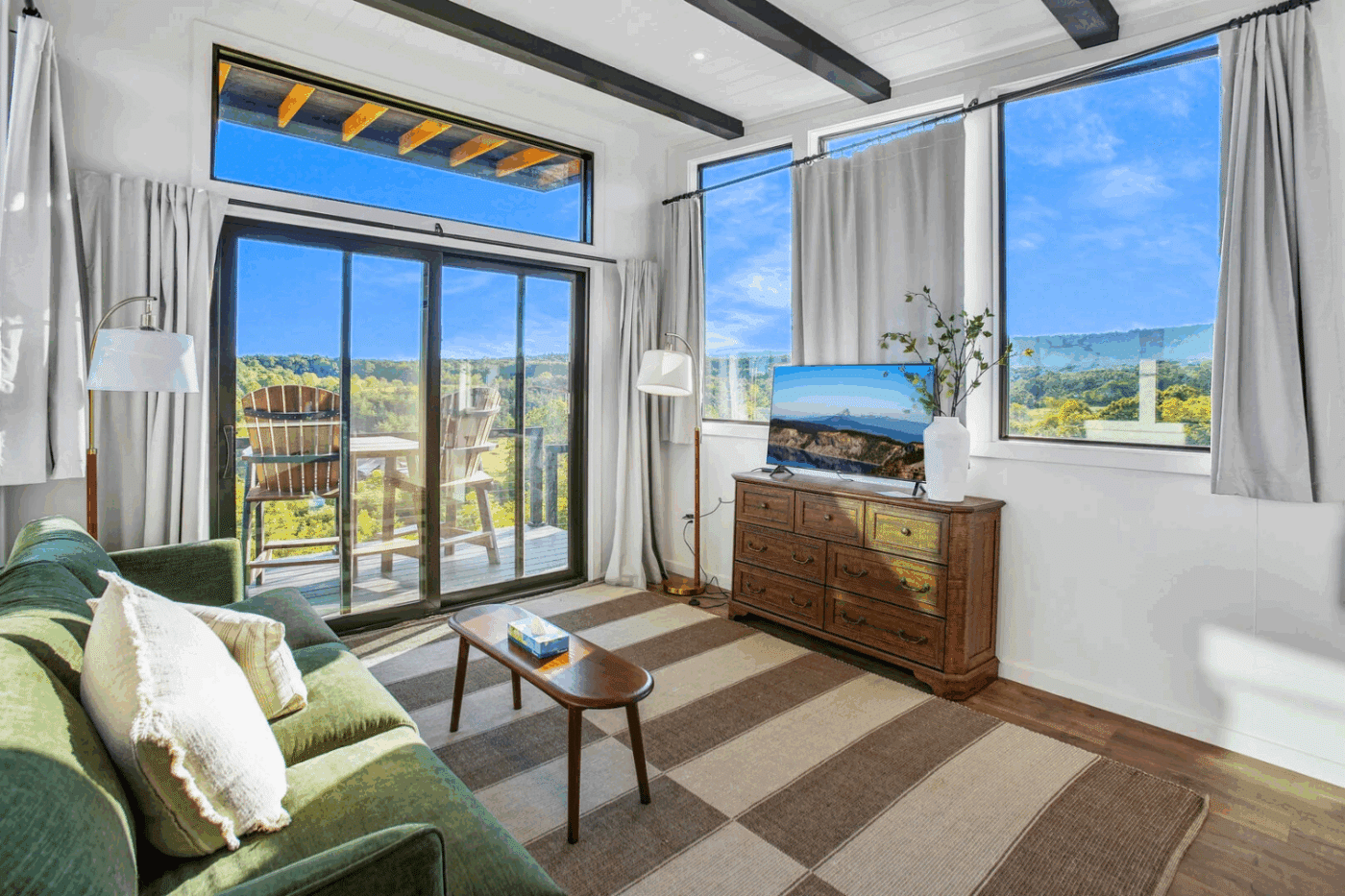 Livingroom of Rockwood park model tiny home in warfordsburg pa built and designed by Psy Homes