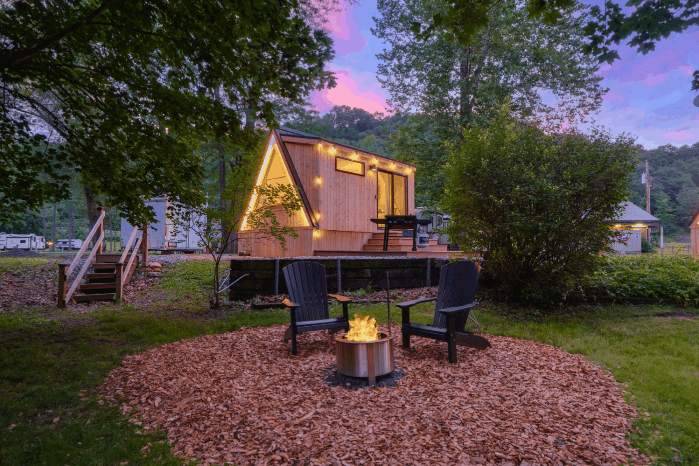 outdoor hospiality area of A frame pod custom built glamping pod